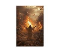 GEMTOFNMA Jesus Stands in The Center of A Ruined City, His Hands Raised As Fire Turns to Rain And Ash to Petals. Poster mural contemporain à suspendre 30 x 45 cm