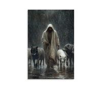 GEMTOFNMA Jesus Walks Through A Downpour, Soaked But Serene, The Lamb Wrapped in His Robe While Wolves Pace Silently Poster mural contemporain à suspendre 50 x 75 cm