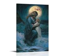 GEMTOFNMA Mary Kneels by The Shore, Lifting A Drowning Child from The Waves as Moonlight Glows Around Her Like A Halo. Poster contemporain à suspendre 50 x 75 cm