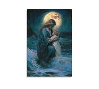 GEMTOFNMA Mary Kneels by The Shore, Lifting A Drowning Child from The Waves as Moonlight Glows Around Her Like A Halo. Poster contemporain à suspendre 30 x 45 cm