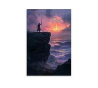 GEMTOFNMA On A Cliff's Edge, A Knight Raises His Sword in Salute to The Cross Shape Sunrise from The Sea. Décoration murale contemporaine - Poster décoratif à suspendre 40 x 60 cm