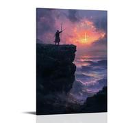 GEMTOFNMA On A Cliff's Edge, A Knight Raises His Sword in Salute to The Cross Sunrise from The Sea. Décoration murale contemporaine - Poster décoratif à suspendre 30 x 45 cm