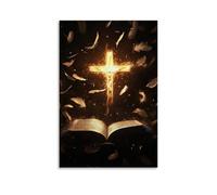 GEMTOFNMA Pages of The Bible Fall Like Feathers Around A Glowing Cross, Each Word Catching Fire before Turning to Gold. Poster contemporain à suspendre 20 x 30 cm