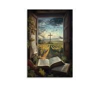 GEMTOFNMA Pages of The Old Testament Fly from An Open Window, Swirling Around A Cross Planted in A Vineyard. Décoration murale contemporaine - Poster décoratif à suspendre 30 x 45 cm