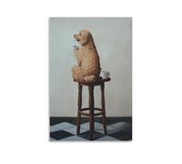 GEMTOFNMA Peinture à l'huile d'un chien assis à l'arrière sur un petit tabouret de café tout en sirotant un café à l'envers. Décoration murale contemporaine à suspendre 40 x 60 cm