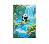 GEMTOFNMA Poster animal représentant un panda assis sur un radeau de bambou dérivant vers une cascade, tenant du bambou, éclaboussures d'eau - Décoration murale contemporaine - 30 x 45 cm