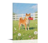 GEMTOFNMA Poster contemporain à suspendre avec inscription « A Shiba Inu on the Grass Holding A Frisbee And Waiting for Instructions » 60 x 90 cm