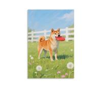 GEMTOFNMA Poster contemporain à suspendre avec inscription « A Shiba Inu on the Grass Holding A Frisbee And Waiting for Instructions » 60 x 90 cm