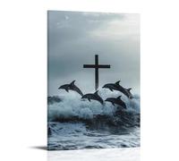 GEMTOFNMA The Cross Rises Out of The Ocean As Dolphins Leap Joyfully in Celebration. Poster décoratif à suspendre 20 x 30 cm