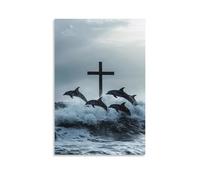 GEMTOFNMA The Cross Rises Out of The Ocean As Dolphins Leap Joyfully in Celebration. Poster décoratif à suspendre 30 x 45 cm