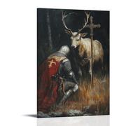 GEMTOFNMA The Knight Kneels Before A Stag at Twilight, Surrendering Pride Under The Watching Eye of The Cross. Décoration murale contemporaine à suspendre 20 x 30 cm