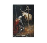 GEMTOFNMA The Knight Kneels Before A Stag at Twilight, Surrendering Pride Under The Watching Eye of The Cross. Décoration murale contemporaine - Poster décoratif à suspendre 60 x 90 cm