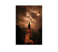 GEMTOFNMA The Steeple Touches A Sky Full of Lightning, Yet Remains Untouched As The Storm Rages on Around It. Poster contemporain à suspendre 50 x 75 cm