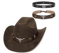 GEMVIE Chapeau de cowboy en daim - Deux types de bande - Large bord - Chapeau western pour hommes et femmes - Unisexe - Vintage - Chapeau de cowgirl, café, 56-58