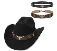 GEMVIE Chapeau de cowboy en daim - Deux types de bande - Large bord - Chapeau western pour hommes et femmes - Unisexe - Vintage - Chapeau de cowgirl, Noir , 56-58