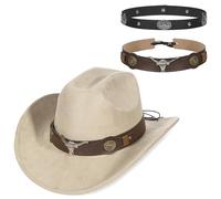 GEMVIE Chapeau de cowboy en daim - Deux types de bande - Large bord - Chapeau western pour hommes et femmes - Unisexe - Vintage - Chapeau de cowgirl, beige, 56-58