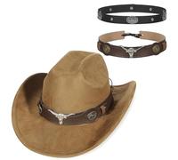 GEMVIE Chapeau de cowboy en daim - Deux types de bande - Large bord - Chapeau western pour hommes et femmes - Unisexe - Vintage - Chapeau de cowgirl, marron, 56-58
