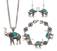 GEN:ZAI Ensemble éléphant collier boucles d'oreilles argent pendentif bijoux et bracelet bijoux cadeau plaqué boucle d'oreille goutte femme vintage turquoise chaîne mignonne marque britannique, Zinc