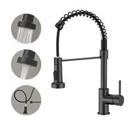 GENBONS Robinet de cuisine noir mat haute pression à grand arc avec douchette extractible (longueur 46 cm), mitigeur d’évier pivotant à 360°, 2 modes de jet