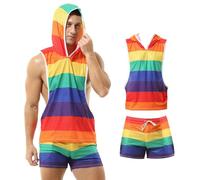GENEMEN Débardeurs Arc-en-Ciel pour Hommes Mesh Pride Outfits Workout Sleeveless Hoodies (Ensemble - Short Arc-en-Ciel, S)