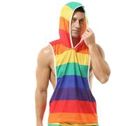 GENEMEN Débardeurs Arc-en-Ciel pour Hommes Sexy Mesh Pride Outfits Workout Sleeveless Hoodies (Débardeur-Arc-en-Ciel, XL)
