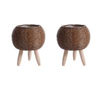 Generchin 2X Vintage Imitation Rotin Tissé Étagère à Fleurs Jardinières Panier de Rangement Fait à la Main avec Pieds en Bois Support de Pot de Plante, B