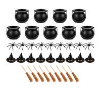 Generchin Chapeaux Sorcière Chaudrons Bonbons Balais Décor Halloween | Ensemble DIY Halloween avec 9 chaudrons, 9 balais, 9 chapeaux et 9 araignées en plastique pour une déco de table sorcière.