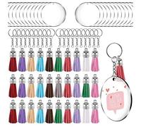 Generchin Kit Transparent de Porte-CléS en Cercle Acrylique 120 PièCes pour Projet de Vinyle, Y Compris Les éBauches de Disque Acrylique, Glands, Argent