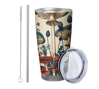 Generic 1 gobelet à champignons botanique vintage à motif floral rustique rustique rustique beige bleu isotherme en acier inoxydable incassable pour voyage, piscine, extérieur avec couvercle - 591 ml