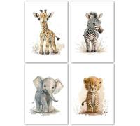 Generic 4 Affiches Decoration Murale Animaux Tableau Chambre Bébé 21x30 Poster Safari Girafe Elephant Zebre Leopard Toile Boho Enfant Garcon Cadeau SANS CADRE