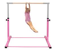 Generic Barre de Gymnastique Enfant Hauteur Réglable Barre De Tractions Gym Guidon Barres Fixe Acier Bois Massif Hêtre, Rose, 139 x 136 x 95-150 cm