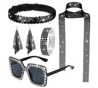 Generic - Bijoux disco pour femme : ensemble complet avec bande élastique, bracelet, lunettes de soleil, écharpe à paillettes, bandeau et boucles d'oreilles pour fête sur le thème des années 50/60/70