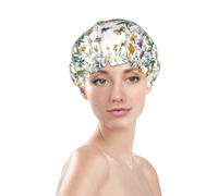 Generic Bonnet de douche à imprimé floral et papillon, bonnet de bain imperméable réutilisable pour cheveux de femme, double couche élastique, protection des cheveux