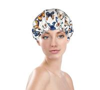 Generic Bonnet de douche à imprimé papillon bleu, bonnet de bain imperméable réutilisable pour cheveux de femme, bonnet de douche élastique double couche, protection des cheveux