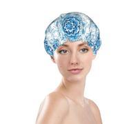 Generic Bonnet de douche bleu à imprimé mandala, imperméable et réutilisable, bonnet de bain pour femmes, double couche, élastique, protection des cheveux