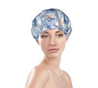Generic Bonnet de douche d'été bleu corail imprimé étoile de mer, bonnet de bain imperméable réutilisable pour cheveux de femme, double couche, élastique protection des cheveux