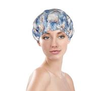 Generic Bonnet de douche d'été bleu corail imprimé étoile de mer, bonnet de bain imperméable réutilisable pour cheveux de femme, double couche, élastique protection des cheveux