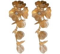Generic Boucles d'oreilles pendantes à pompon doré avec fleurs, bijoux vintage en cuivre avec détails en cristal, design élégant de feuilles de ginkgo pour les occasions spéciales des femmes
