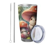 Generic Champignon avec couvercle et paille - Joli arbre botanique aquarelle - Jolie lune - Feuilles de forêt - Rouge et vert - Isotherme - En métal - Anti-déversement - Sans pied - Double paroi - 590