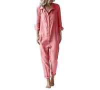 Generic Combinaisons pour femmes grande taille en coton et lin tendance décontractée à revers ample à manches longues bouton avec poches combinaison toutes combinaisons sexy pour femmes, rose, L