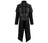 Generic Costume d'Halloween pour homme - Style vintage médiéval gothique - Col montant - Long manteau brodé avec fermeture éclair croisée - Carnaval, Noir, X-Large