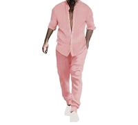 Generic Costume pour homme - Chemise rayée avec col Hengli - Ensemble tendance et décontracté en coton et lin, Rose, XXXL