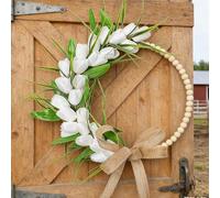 Generic Couronne de Fleurs Artificielles avec Perles en Bois, Décoration Multifonctionnelle pour Mur de Porte D'entrée, Décoration de Fête de Mariage, Entretien Facile, Couronne Florale de 13,8