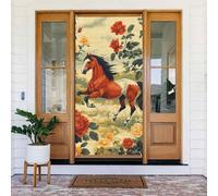 Generic Couverture de porte de bienvenue à imprimé floral cheval 185 x 90 cm Décorations saisonnières pour porte d'entrée, mur, porche