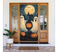 Generic Couverture de porte de bienvenue avec impression fantôme d'Halloween - 185 x 90 cm - Décorations saisonnières de vacances - Toile de fond pour porte d'entrée, mur, porche