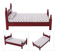 Generic Dollhouse Mini Lit Simple en Bois Rouge Habilement meublé avec Matelas et Oreillers pour Poupées, Accessoire de Maison de Poupée 1:12, pour Les Amateurs de Poupées