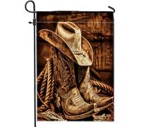 Generic Drapeau de jardin de cowboy occidental vintage, chapeau marron rustique, bottes en corde, décoration extérieure de style campagnard pour l'automne, Thanksgiving, 30,5 x 45,7 cm
