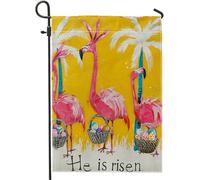 Generic Drapeau de jardin flamant rose de Pâques, jungle tropicale, il est ressuscité, plantes animales, œufs de Pâques, lin jaune, mini lourd et épais pour la maison, fête, intérieur, extérieur