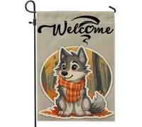 generic Drapeaux de jardin amusants en forme de loup d'automne 30,5 x 45,7 cm pour extérieur, drapeau de maison vertical standard en lin de dessin animé, drapeau de maison, faune, cour, pelouse