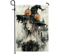 generic Drapeaux de jardin de sorcière gothique d'Halloween 30,5 x 45,7 cm double face pour décoration extérieure, château de citrouilles effrayantes, drapeau de maison, drapeau gothique sorcière